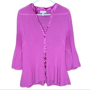 Vintage Y2K 3/4 sleeve bright textured pink transparent button down blouse